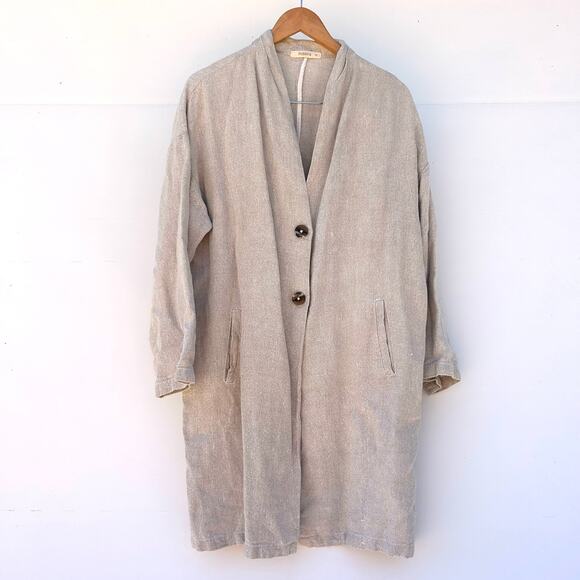 Filosofia Linen Coat Taupe XS Button Minimalist Sustainable Oversized Wabi-Sabi - Picture 2 of 10